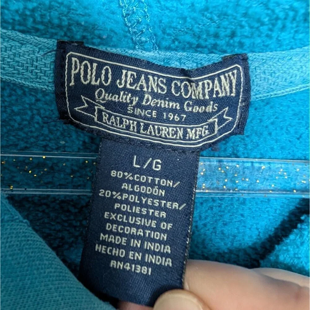 Polo Jeans Hoodie Mens Size Large Blue PRL Crest Pocket Hooded Sweatshirt